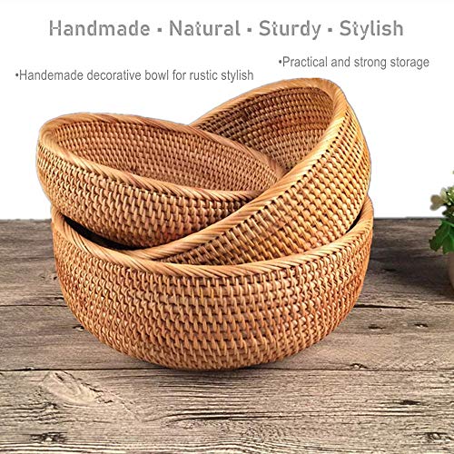 Hadewoven Round Rattan Fruit Basket Wicker Food Tray Weaving Storage Holder Dinning Room Bowl, 8 Inch Small Bread Baskets Tray for Serving with Deep Wall, Brown (Small 7.48”) - size: Small 7.48"