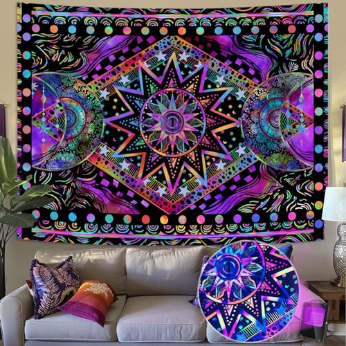 Blacklight Sun and Moon Tapestry Glow in The Dark Neon Hippie Bohemian Tapestries for Bedroom Aesthetic UV Reactive Purple Celestial Tie Dye Tapestry Wall Hanging for Living Room Dorm (60'' × 44'') - color: Purple, size: 60"L x 44"W