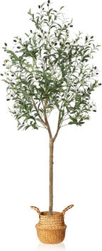 Artificial Olive Tree 6FT – Tall Faux Tree with Realistic Silk Leaves, Handmade Seagrass Basket, Low-Maintenance Large Fake Plants for Modern Office, Floor & Home Decor, Living Room, Indoor Plants