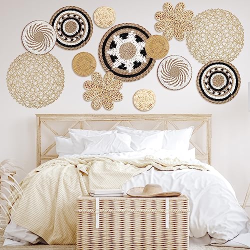 Glenmal Set of 13 Boho Wall Basket Decor Woven Rattan Flat Baskets Handmade Boho Wicker Bamboo Seagrass Wall Hanging Decor for Bedroom Living Room Dining Room Office Ready to Hang (Bohemian) - style: Bohemian