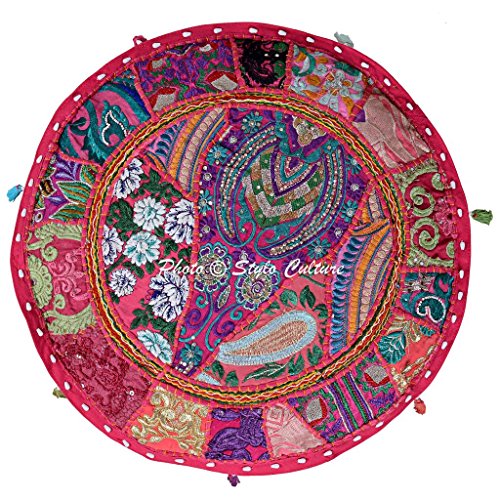 Patchwork Ottoman Pouffe Case Embroidered Indian Ethnic Cotton Stool Pouf Cover Pink Floral Furniture Tuffet Seat 45 cm Footstool Floor Cushion Decor Bean Bag Living Room - color: Dark Pink