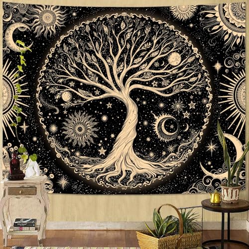 Spenlife Tree of Life Tapestry Sun and Moon Tree Wall Tapestry, Vintage Tapestries for Bedroom Mandala Tapestries Wall Hanging for Bedroom Living Room Decor Tree-1 44"x60" - color: Dark Green, size: 60"L x 44"W