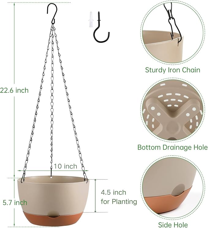Set of 2 Hanging Planters for Indoor Outdoor Plants, 10 Inch Self-Watering Hanging Flower Pots with Drainage Hole & Removable Water-Storage Tray (Hooks)