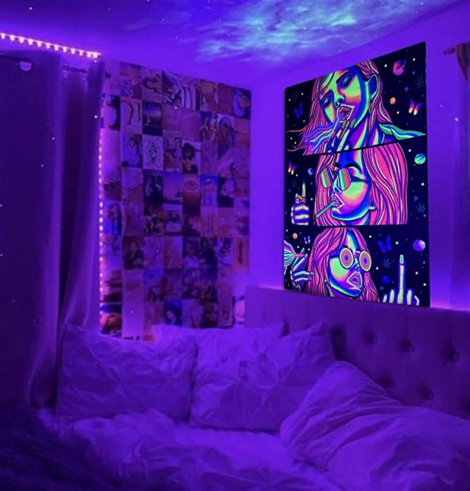 Trippy Tapestry Blacklight Tapestry for Bedroom Weed Decor Marijuana Cannabis Poster Smoking Tapestries Hippie Hippy Wall Tapestries Cool Asf Trippy Room Decor Weed Accessories Gifts 59"x 51"