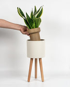 Bamworld Single Plant Holder for Indoor Plants Metal Planter Stand Wooden Leg White Plant Stand Indoor Flower Pot Stand Plant Pot with Stand for Living Room Office Bedroom Decor Modern Home Decor