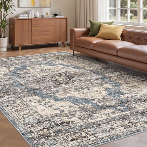 befbee 5x7 Area Rugs for Living Room, Stain Resistant Neutral Washable Rugs for Dining Room, Floral Vintage Non-Slip Thin Large Size Area Rug (Blue/Black) - color: Blue/Black, size: 5' x 7' (Rectangular)