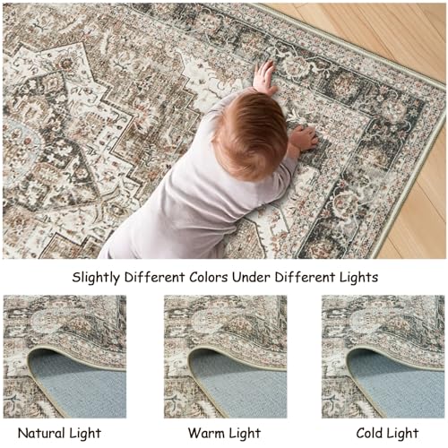 Roxstand 3x5 Area Rug - Washable Kitchen Rugs Non Slip,Soft Low Pile Small Rug for Entryway, Stain Resistant Vintage Area Rugs for Home Decor(Brown/Beige, 3'x5') - color: Brown/Beige, size: 3' x 5' (Rectangular)