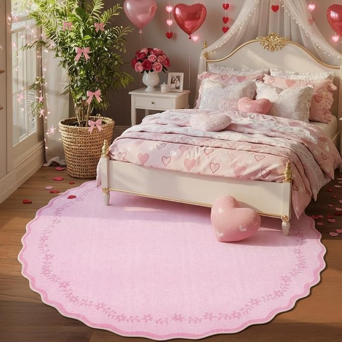 GarveeHome Round Area Rugs 8ft for Living Room, Large Solid Pink Valentines Washable Circle Rug Soft Non Slip Floral Print Floor Mat Carpet Indoor Thin Rug for Bedroom Dining Room Playroom Nursery