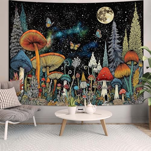 Accnicc Hippie Mushroom Forest Tapestry Fantasy Starry Night Moon Pine Tree Wall Tapestry for Bedroom Aesthetic Butterfly Large Tapestries Wall Hanging for Dorm Living Room Decor 80 × 60 Inch - color: Black Cyan, size: 80"L x 60"W