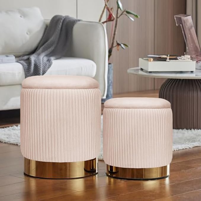 Round Ottoman with Storage Set of 2 Upholstered Velvet Vanity Stool for Living Room Storage Ottomans Multifunctional Foot Rest (Pink)