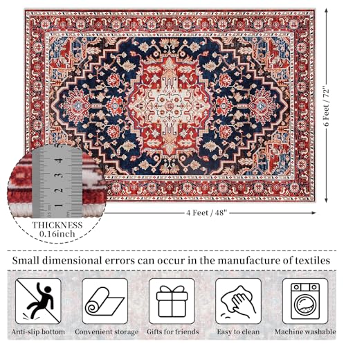 Amearea Vintage Design Area Rugs for Living Room, 4x6 Machine Washable Floral Collection Traditional Bedroom Rug, Low Pile Dinning Room Carpet, No Slip Office Kitchen Home Decor, Red and Blue - color: Red/Blue, size: 4' X 6' (Rectangular)