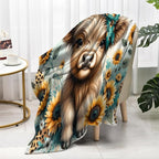 Teal Highland Cow Blanket Girl Gifts Western Farm Animal Sunflower Flannel Fleece Nursery Bed Blankets Soft Lightweight Funny Animal Cow Print Blanket Highland Cow Nursery Bed Decor 30"x40"