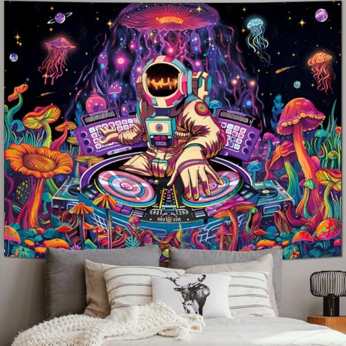 Amhokhui Blacklight Astronaut Tapestry UV Reactive Funny DJ Music Tapestry Trippy Aesthetic Tapestries Galaxy Space Tapestries Flower Wall Hanging Decor for Home - size: 92.5"L x 70.8"W