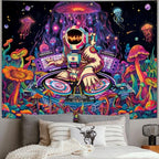 Amhokhui Blacklight Astronaut Tapestry UV Reactive Funny DJ Music Tapestry Trippy Aesthetic Tapestries Galaxy Space Tapestries Flower Wall Hanging Decor for Home - size: 92.5"L x 70.8"W