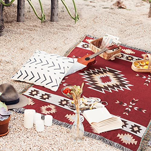Touchat Native American Blanket Boho Throw Blanket for Sofa and Bed, Mexican Decorative Farmhouse Blanket, Southwest Decor Woven Blankets, Aztec Throw Blankets Bohemian with Tassel(Wine,50×60 inch) - color: Wine