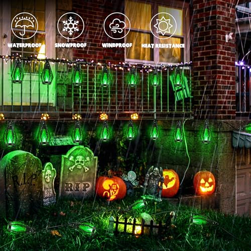 iBaycon Solar Halloween Lights, 27Ft 10 LED Bulbs Flickering Flame String Light, Outdoor Waterproof Solar Flame Lights for Garden Yard Patio Halloween Decorations (Green) - color: Green, size: 27FT