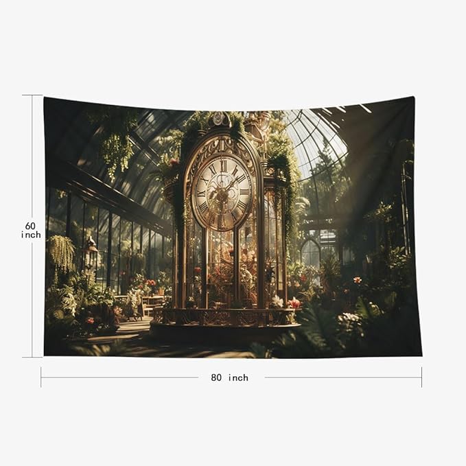 EMMTEEY Gothic Garden Room Tapestry 80X60 Inch - Flowers Vintage Clock Wall Decoration Medieval Forest Backdrop for Living Room Dorm