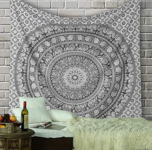 RAJRANG Elephant Mandala Tapestry Cotton Wall Hanging Hippy Tapestries Hippie Beach Throw College Dorm Decor Bohemian Boho Bedsheet - Grey - 84x54 Inches - color: Pebble grey, size: 84"L x 54"W