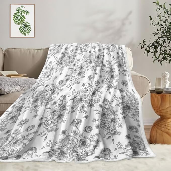 Floral Throw Blanket, Botanical Floral Blanket, Soft, Flannel, Warm, Boho Floral Bed Blanket All Season Flower Throw Blanket for Couch Bedroom Living Room, Gray 60X90 Inch