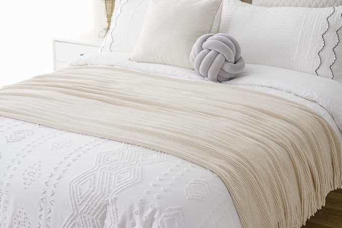 BATTILO HOME Beige Throw Blanket for Couch, Soft Chenille Knit Throws with Tassels for Home Decor, Spring Beige Throws for Couch Cover, 50"x60"