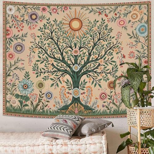 Lunerfex Chakra Tree Wall Tapestry - Celestial Sun & Floral Wall Hanging for Bedroom and Living Room - Boho Spiritual Decor Tapestries 80"x60" - color: Cream Green, size: 80"L x 60"W
