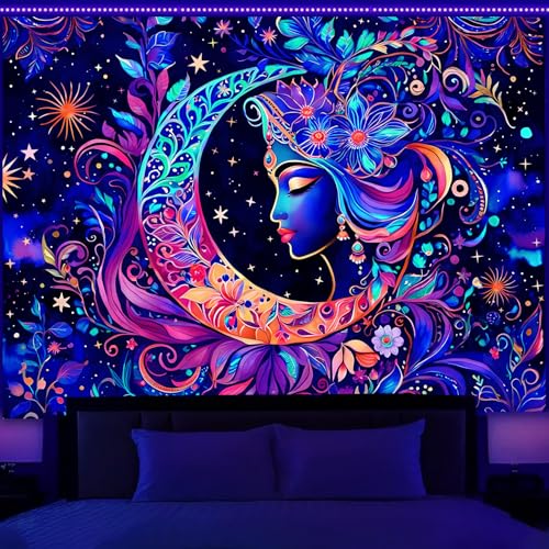 Simpkeely Blacklight Moon and Star Tapestry, Elegant Goddess UV Reactive Sun Mandala Wall Hanging Tapestries, Colorful Boho Aesthetic Tapestry for Bedroom, Living Room - 59.1" x 80" - color: Goddess, size: 80"L x 59.1"W