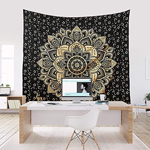 Rajsee Gold Mandala Tapestry - Boho Bedroom Aesthetic - Trippy Large Wall Hanging - Black Gold Wall Art 82x92 Inches - color: Black and Gold, size: 92"L x 82"W