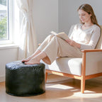 Unstuffed Ottoman Pouf Cover 20 X 15 Inch, Round Pu Leather Foot Stool, Floor Bean Bag(No Filler), Foot Rest with Storage for Living Room/Bedroom/Office, Black