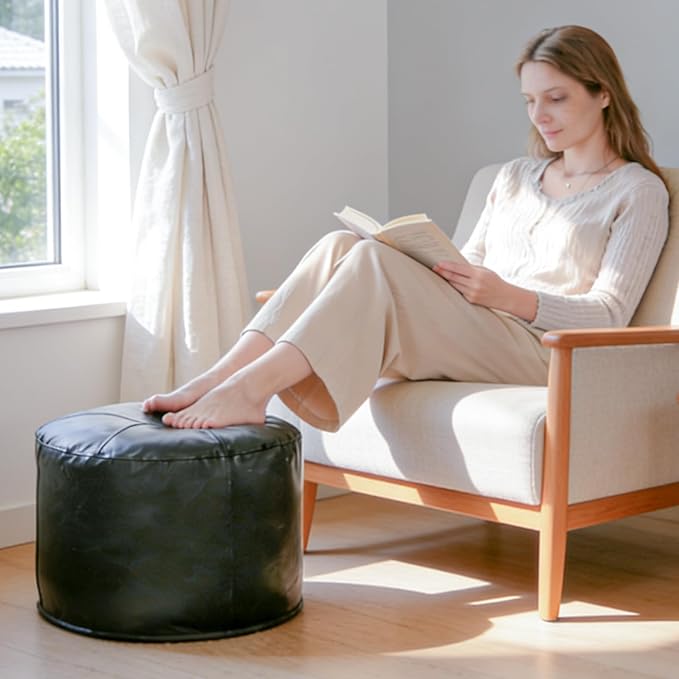 Unstuffed Ottoman Pouf Cover 20 X 15 Inch, Round Pu Leather Foot Stool, Floor Bean Bag(No Filler), Foot Rest with Storage for Living Room/Bedroom/Office, Black