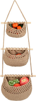 3 Tier Woven Natural Jute Macrame Wall Hanging Basket, Handmade Boho Bohemian Rustic Charm Decorative Style for Fruits, Vegetables, Plants, Kitchen & Home Decoration