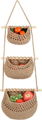 3 Tier Woven Natural Jute Macrame Wall Hanging Basket, Handmade Boho Bohemian Rustic Charm Decorative Style for Fruits, Vegetables, Plants, Kitchen & Home Decoration