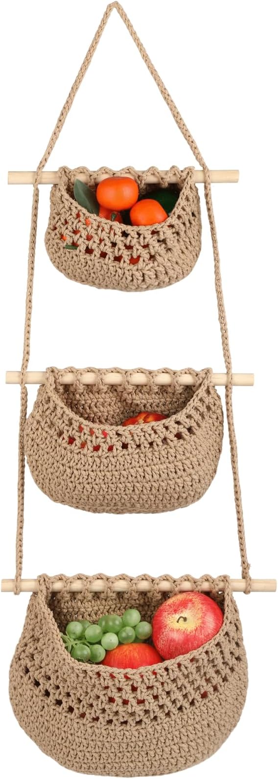 3 Tier Woven Natural Jute Macrame Wall Hanging Basket, Handmade Boho Bohemian Rustic Charm Decorative Style for Fruits, Vegetables, Plants, Kitchen & Home Decoration