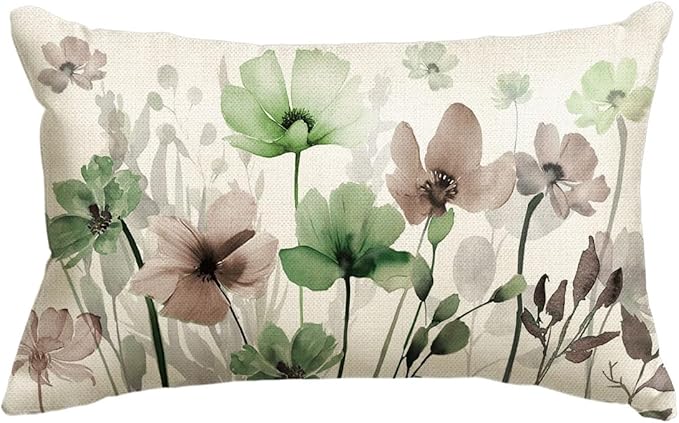 AVOIN colorlife Poppy Flowers Chinoiserie Spring Throw Pillow Cover, 12 x 20 Inch Sage Green Brown Seasonal Leaves Cushion Case Decoration for Sofa Couch Farmhouse