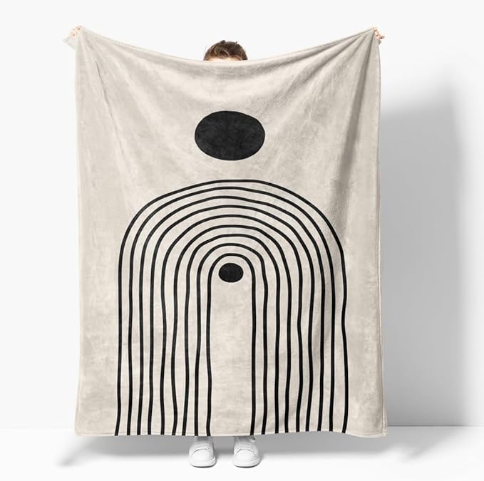 Boho Mid Century Blankets Orange Beige Throws Abstract Modern Aesthetic Bedding Minimalist Sun Leaf Soft Warm Bed Bedding Blankets for Couch Bedroom Sofa Office Cozy Flannel Blanket 70"X80"