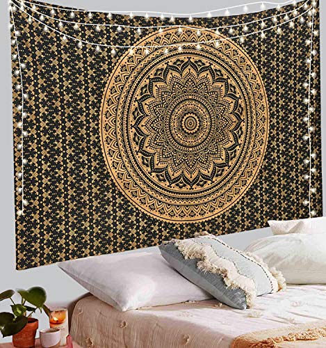ANJANIYA Ombre Wall Hanging Bohemian Tapestry, Metallic Wall Art Bedspread, Psychedelic Hippie Mandala Dorm Décor for Hanging, Bedding, Beach Coverlet Curtain, Black Gold, 54"X60" - color: Black Gold, size: 60"L x 54"W