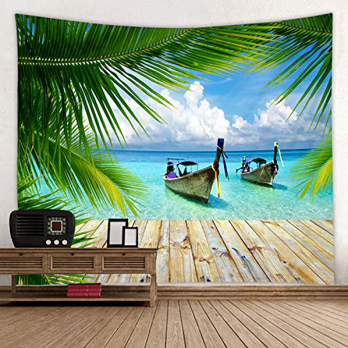LYFANS Printed Fabric Tapestry Decorative Wall Art Tapestry Bedroom Dormitory Living Room Tapestry [79 x 59 inches] Seaside Boat Coconut Leaves - color: Seaside Boat Coconut Leaf, size: 79x59inch