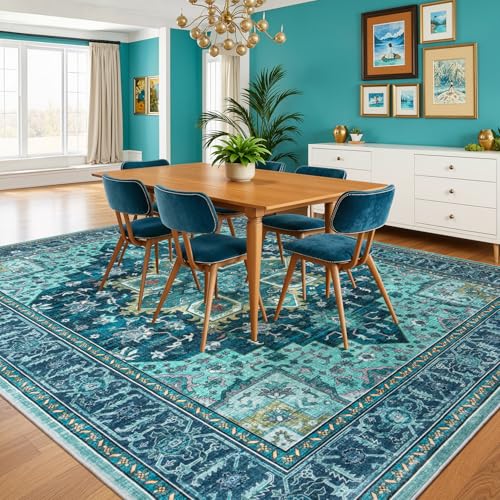 8x10 Turquoise Large Area Rugs for Living Room - Boho Teal Green Medallion Aesthetic Distressed Washable Rug, Soft Non-Slip Backing Low Pile Carpet for Dining Under Table, Bedroom, Office - color: Turquoise, size: 8' x 10' (Rectangular)