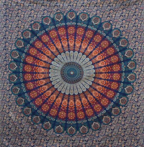 Bless International Handmade Indian hippie Bohemian Psychedelic Peacock Mandala Wall hanging College Dorm Beach Throws Table Cloth Bedding Tapestry (Blockbuster, Twin(54x72Inches)(140x185cms)) - color: Blockbuster, size: 72"L x 54"W