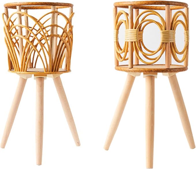 Rattan Indoor Plant Stand Straw Woven Flowers Pot Holder Stool With Legs Floor Planter Baskets Rack Wooden Plant Shelf