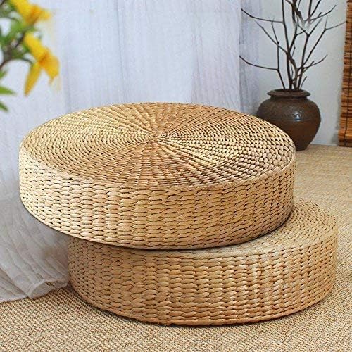 Japanese Style Handcrafted Eco-Friendly Padded Knitted Straw Flat Seat Cushion,Hand Woven Tatami Floor Cushion Corn Maize Husk (Dia40cm/15.8" x 10cm/4")