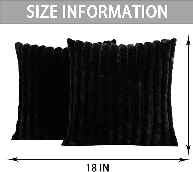 Pack of 2 Faux Fur Christmas Throw Pillow Covers 18x18 Inch, Soft Plush Striped Neutral Couch Pillow Cover, with Velvet Back Modern Home Decor for Sofa Living Room Couch Bed Black