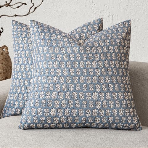 Foindtower Set of 2 Decorative Neutral Floral Print Throw Pillow Covers Vintage Accent Farmhouse Cushion Covers Boho Home Decor for Sofa Chair Couch Bedroom Living Room,18×18 Inch,Dusty Blue - color: Lake, size: 18" x 18" (Pack of 2)