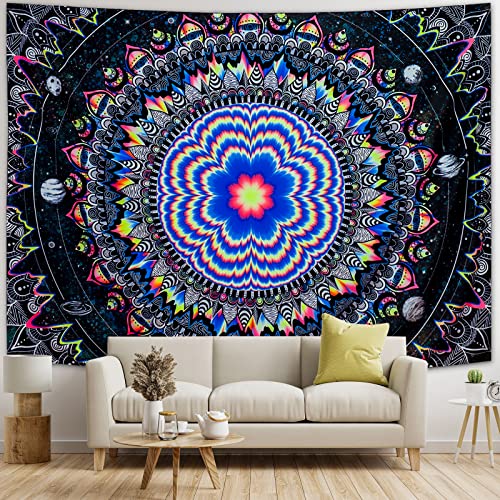 Amonercvita Blacklight Tapestry Trippy Mandala Tapestries UV Reactive Galaxy Stars Tapestry Psychedelic Neon Tapestries Wall Hanging Hippie Black Light Poster for Bedroom - size: 59.1"L x 78.7"W