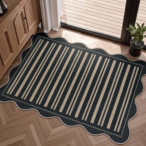 Striped Easy Jute Entryway Rug, 2x3 Black Indoor Outdoor Doormat, Washable Small Kitchen Rug Non Slip Farmhouse Scalloped Rugs for Front Door Entrance Bathroom - color: Black Striped, size: 2'x3' (Rectangular)