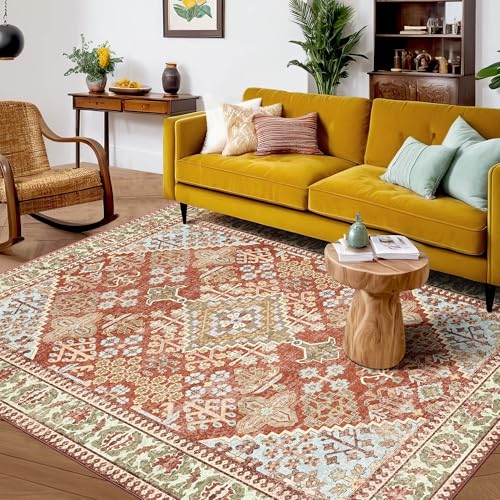 6x9 Area Rugs for Living Room, Machine Washable Low Pile Rug, Non Slip Backing Boho Rugs for Bedroom, Printed Soft Vintage Carpet Orange 6 x 9 - color: 03/Cinnamon/Clay/Laurel/Babyblue, size: 6' x 9' (Rectangular)
