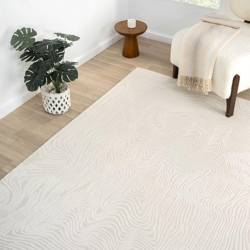 Abani Zen 5' x 8' Cream Rug – Neutral Layered Wavy Borders Pattern, Soft Area Rug for Living Room & Bedroom, Durable & Easy to Clean - size: 5'x8'