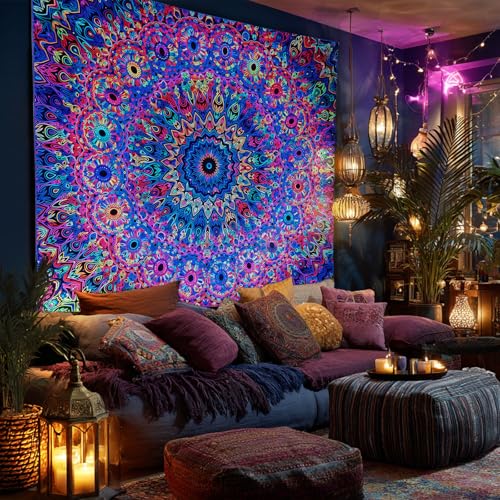 PRRPRR Blacklight Mandala Tapestry for Bedroom, UV Reactive Trippy Wal Tapestries, Bohemian Aesthetic Wall Art Decor for Adults Teens and Hippies (Mandala, 90"x70") - color: Mandala Tapestry Purple, size: 90"L x 70"W