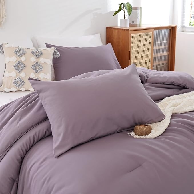ROSGONIA King Size Comforter Set Dusty Purple, 3pcs (1 Boho Comforter & 2 Pillowcases) All Season Bedding Lightweight Bedspread Blanket Quilt