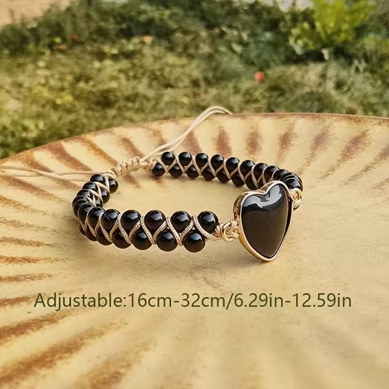 Women Boho Wrap Bracelet,Handmade Natural Stone Crystal Emperor Beads Heart Bracelet, Fashion Bohemian Jewelry Gift for Women - color: Black