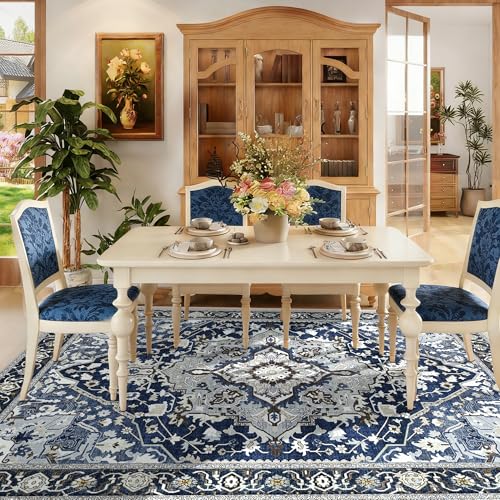 6x9 Dark Blue Boho Living Room Rug - Modern Floral Low-Pile Carpet for Dining Room Under Table - Lightweight Washable Foldable Bedroom Decor, Navy Blue Multi - color: Navy Blue& Multi, size: 6' x 9' (Rectangular)